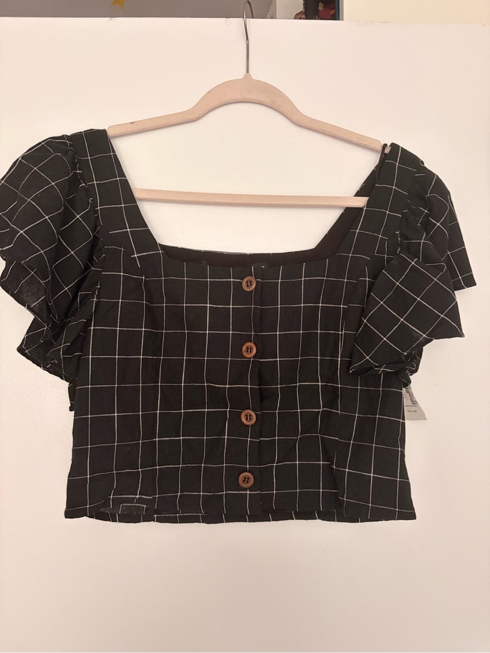 Simons Black Windowpane Square-Neck Button Crop Top